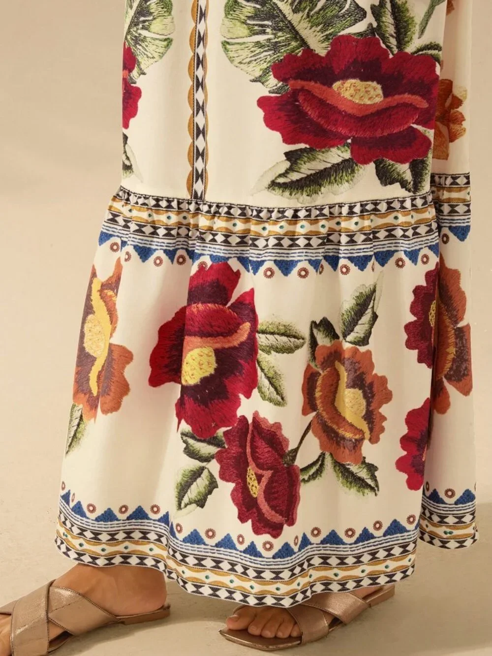 Multicolor Boho Women's Floral Print V-Neck Long Sleeve Hollow Back Dress - Picture 6 of 7